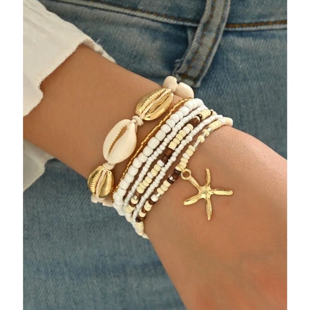 Boho White & Gold Starfish Shell Beaded 7 Layer Stack Bracelet Set Coastal NEW